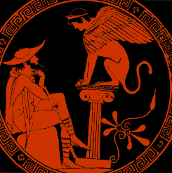 Fond de coupe repr�sentant Oedipe et la Sphynge.